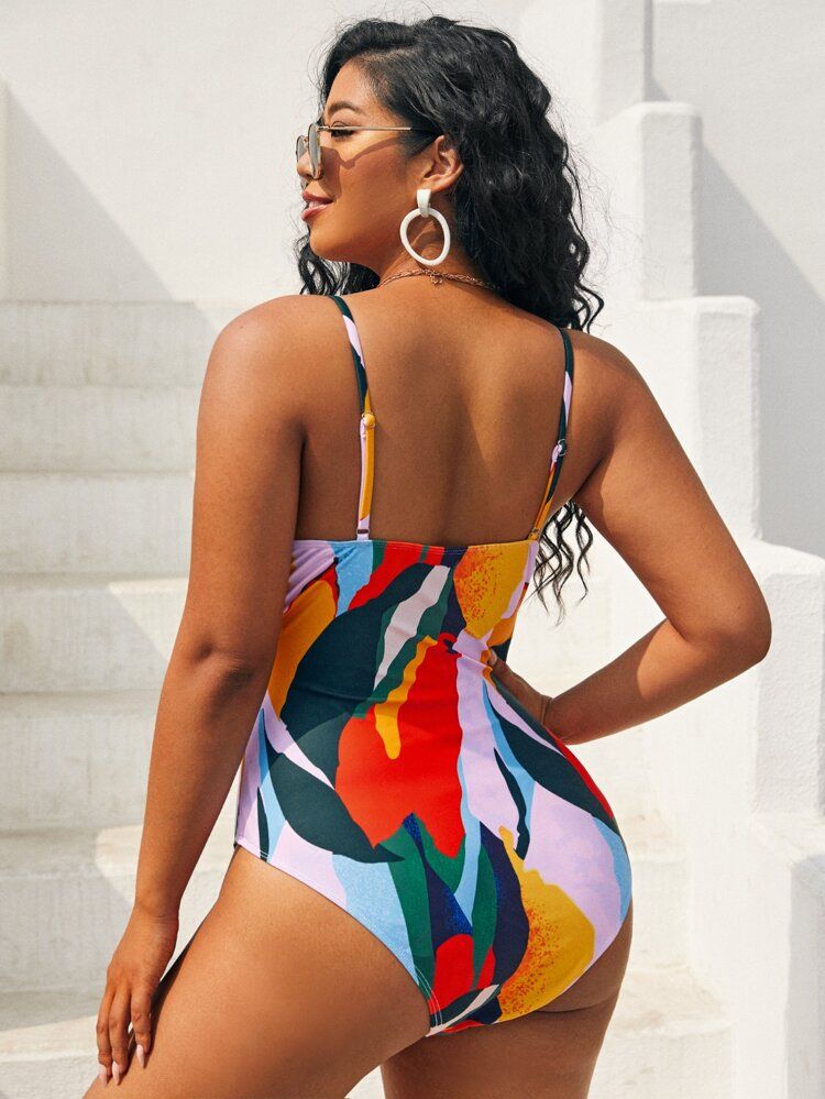 Plus Allover Print Knot Front One Piece Swimsuit | SHEIN