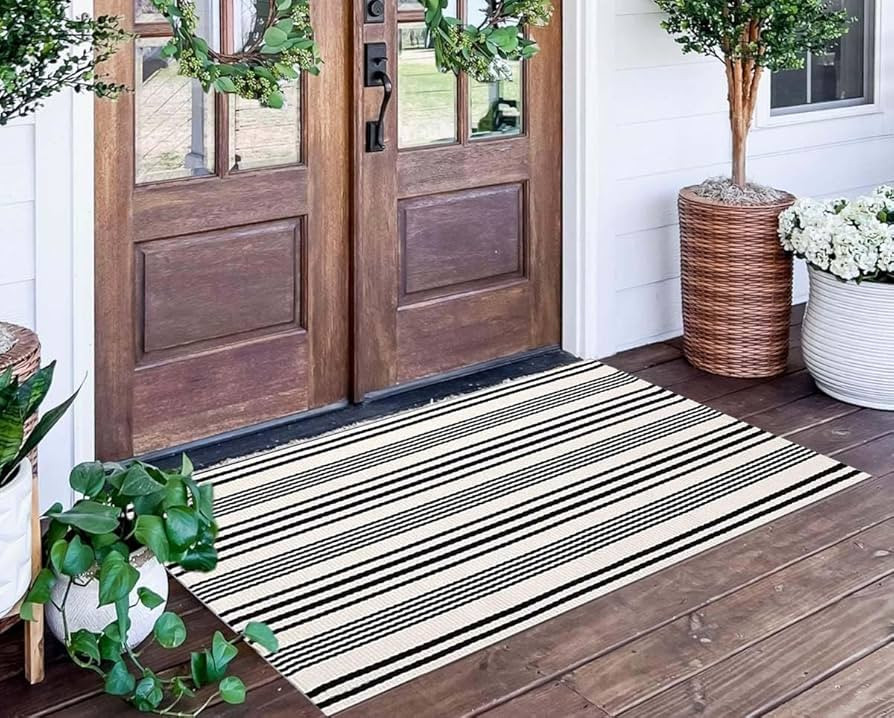 Black and White Striped Outdoor Rug 24'' x 51''Farmhouse Front Porch Mat Hand-Woven Machine Washa... | Amazon (US)