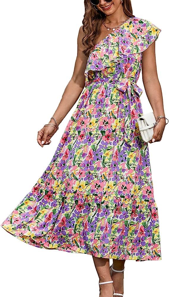 BTFBM Women's One Shoulder Maxi Dress Sleeveless Casual Summer Layered Ruffle Boho Floral Print P... | Amazon (US)
