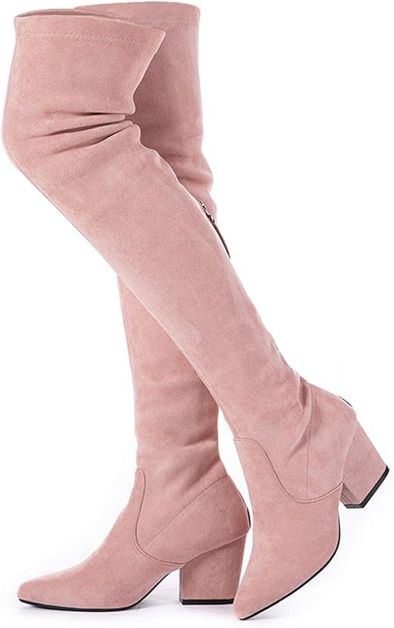 Mtzyoa Thigh High Block Heel Boot Women Pointed Toe Stretch Over The Knee Boots | Amazon (US)