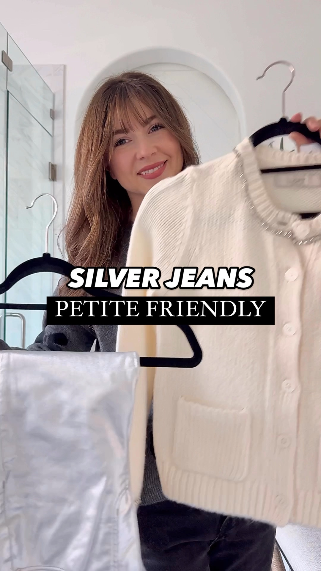 Petite friendly silver jeans. These are perfect for a bit of holiday flare! Another idea would be to wear them with a white tee or even a black cami and heels for a night out look.

Silver jeans 24p curvy 
Embellished sweater cardigan xs 
Sling back heels 5

Holiday look, date night, silver jeans, holiday outfit

#LTKWatchNow #LTKHoliday