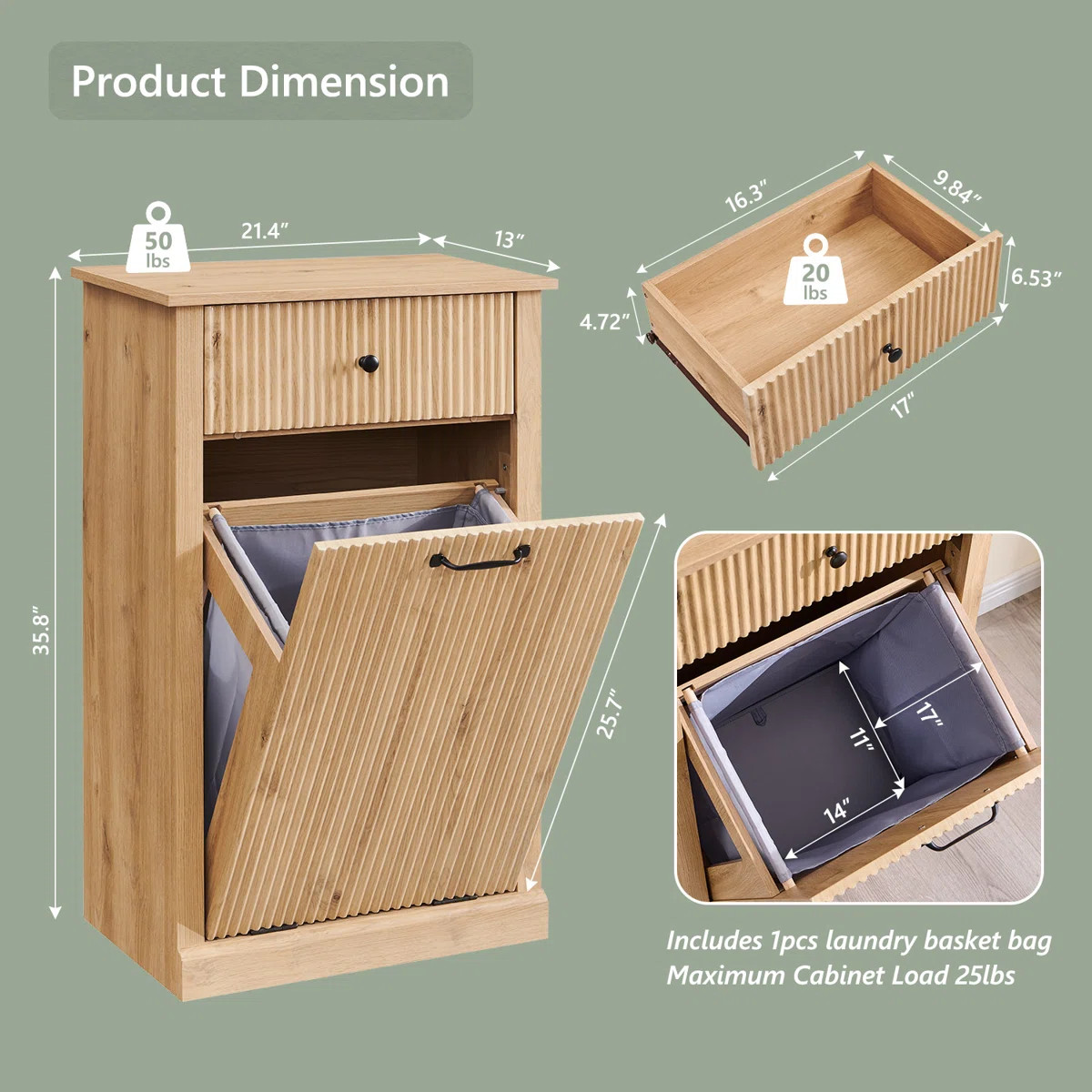Modern Tilt-out Laundry Hamper Cabinet with Drawers, Fluted Laundry Storage Basket for Bathroom | Wayfair North America