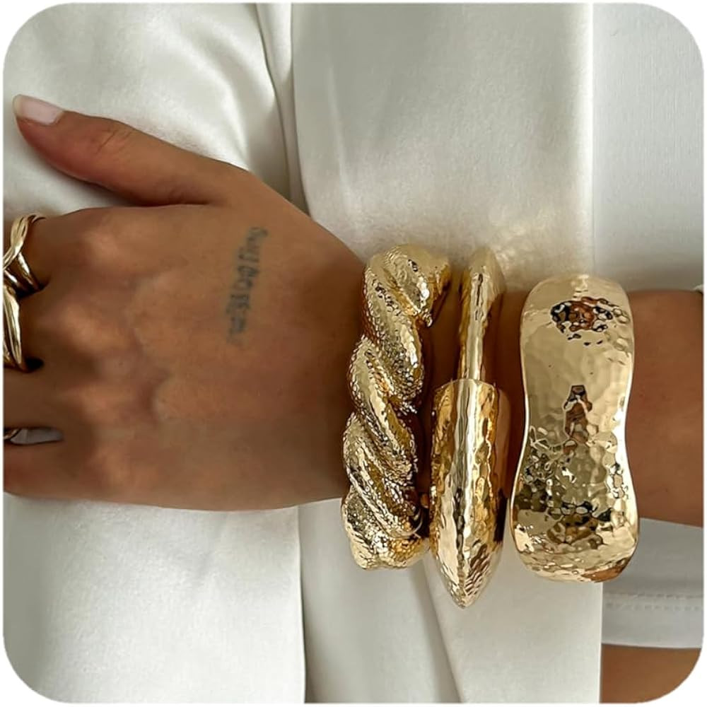 Boho Gold-Tone Cuff Bangle Bracelet Set for Women - Chunky Waterdrop Irregular Wide Stackable Min... | Amazon (US)