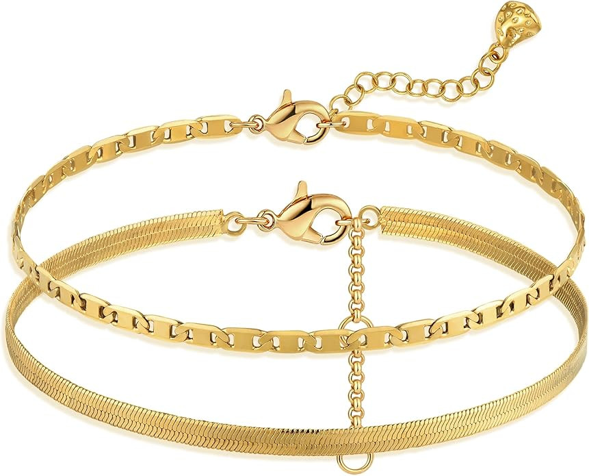 Gold Bracelets for Women 18K Gold Plated Dainty Layered Herringbone/Cuban/Figaro/Snake Chain Adju... | Amazon (US)