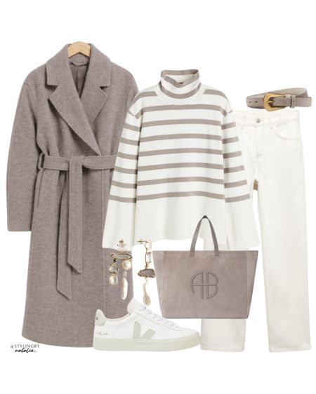 Wool belted coat, stripe turtleneck jumper, white mid rise jeans, Veja campo sneakers, taupe belt, Anine bing tote bag & earrings. 
Winter outfits, jeans, Veja trainers, casual, neutral outfits, sweater, tote, coat.

#LTKMostLoved 

#LTKstyletip #LTKeurope
