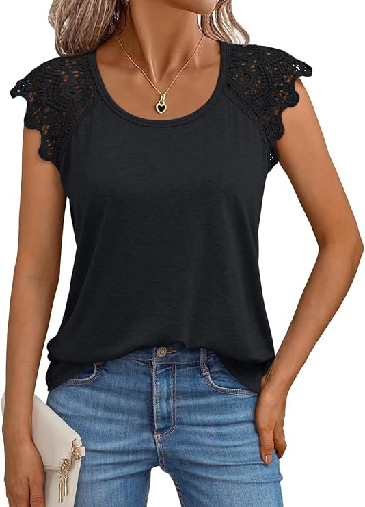 AUTOMET Womens Tops Casual Dressy Lace Summer Tee 2026 Cap Sleeve T Shirts Cute Basic Trendy Fash... | Amazon (US)
