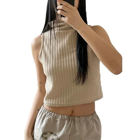 Women Knitted Ribbed Tank Tops Solid Color Turtleneck Sleeveless Vests | Walmart (US)