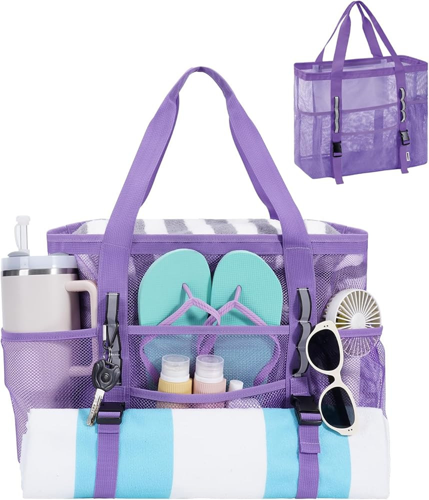 WANDF Mesh Beach Bag for Women, Large Beach Tote Bags with 40oz Tumbler Side Pockets, Family Pool... | Amazon (US)