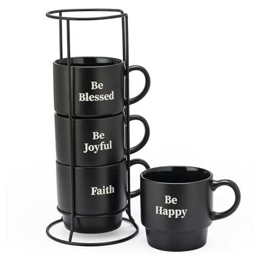 Signature Housewares Stackable Coffee Mug Tower Set with Metal Wire Rack - 15 Ounce Coffee Mugs for Coffee, Tea, Cocoa, Milk, Cappuccino, Hot Chocolate Set of 4 - Be Happy Matte Black | Amazon (US)
