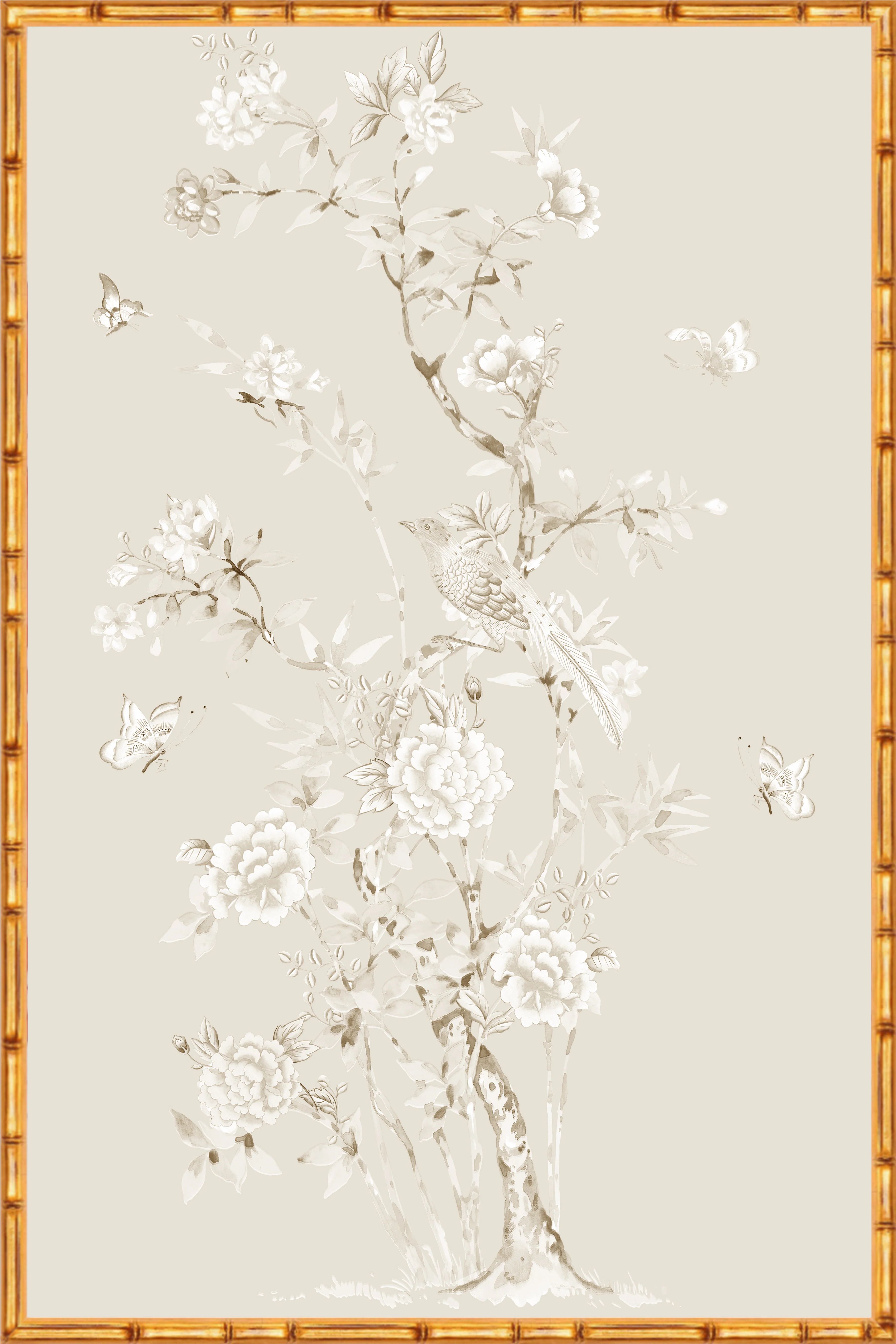 Monochrome "Chinoiserie Garden 1" Framed Panel in "Dune" by Lo Home X Tashi Tsering | Lo Home by Lauren Haskell Designs
