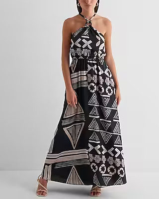Satin Printed Halter Neck O-Ring Maxi Dress | Express