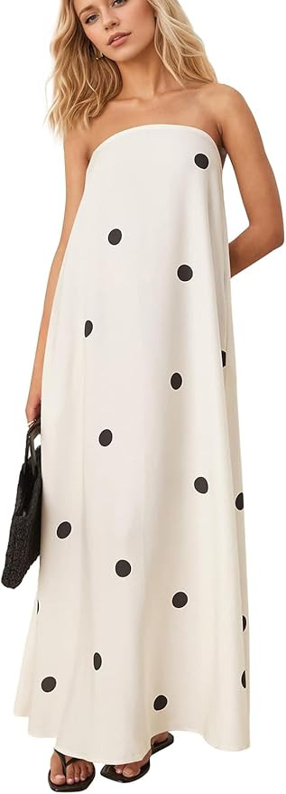 Women Polka Dot Strapless Maxi Dress Summer Flowy A Line Ruffle Backless Off Shoulder Long Tube D... | Amazon (US)