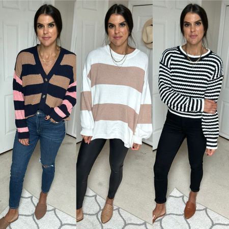 Walmart sweaters I’m loving! Sized up to a medium in first sweater, size small in the other two. Sized up one size in both jeans, faux leather leggings you can size down 

#LTKfindsunder100 #LTKfindsunder50 #LTKSeasonal