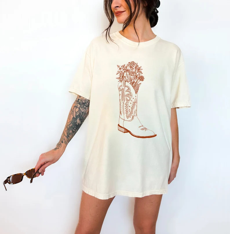 Western Boots Wildflowers Cowgirl Country Retro Boho Comfort Colors T-shirt - Etsy | Etsy (US)