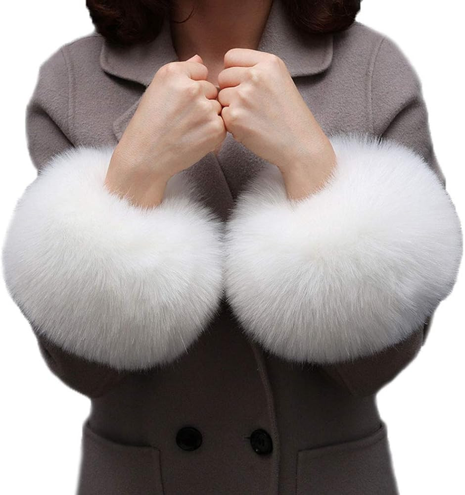 Tngan Winter Faux Fur Arm Warmers Short Furry Wrist Band Ring Cuff for Women | Amazon (US)