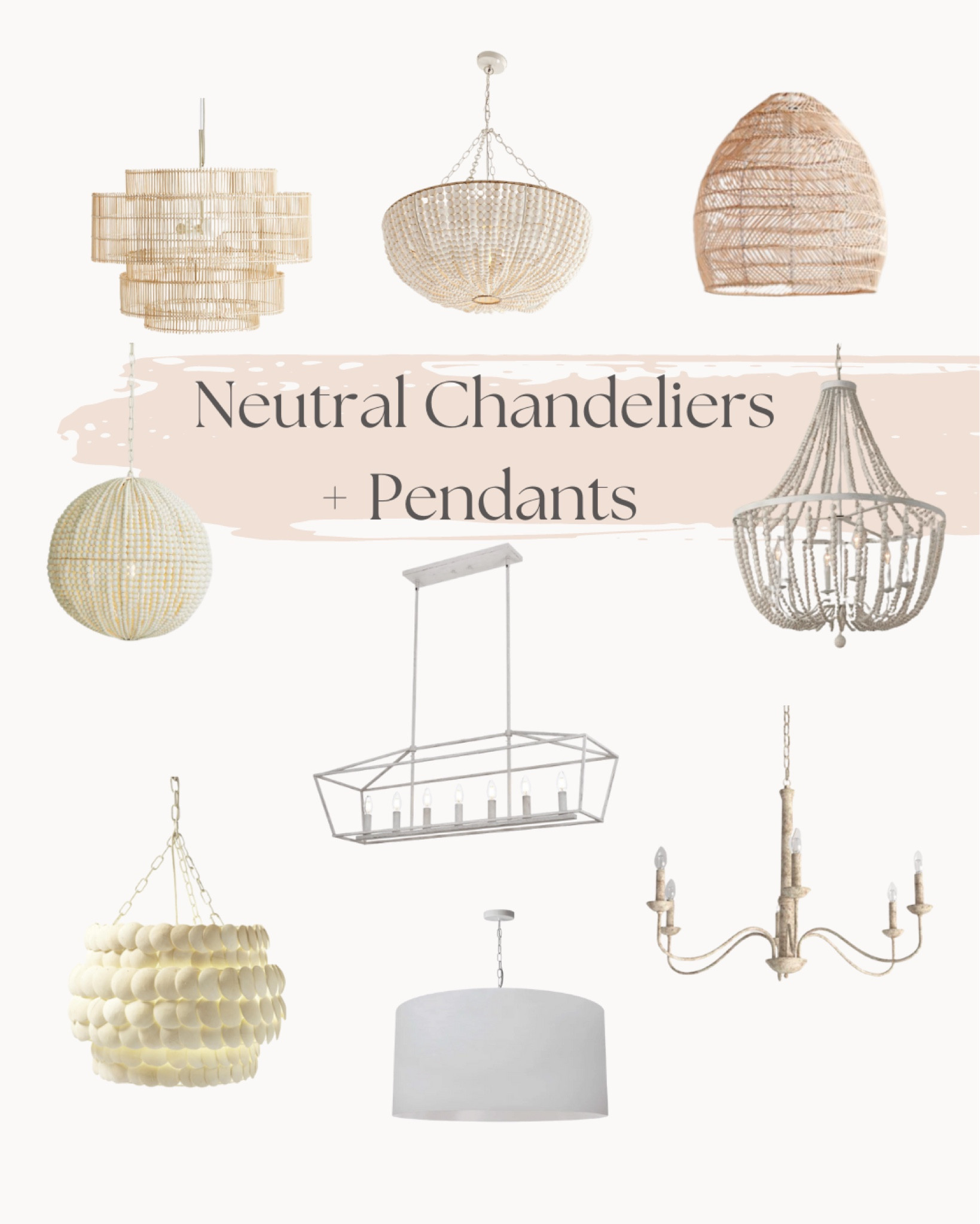 Neutral chandeliers & pendant lights // coastal // white // natural // farmhouse // beaded // lighting // interior design tips // no metal finishes

#LTKhome