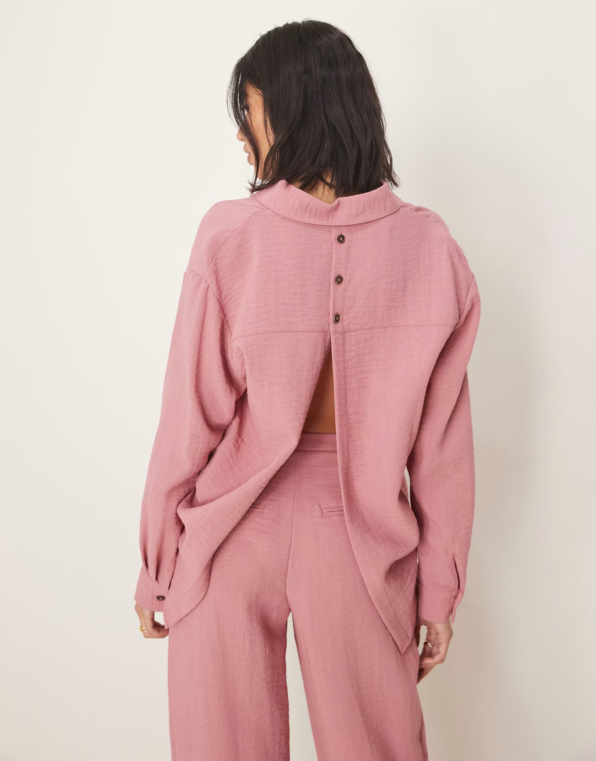 ASOS DESIGN long sleeve shirt with open back co-ord in dusty pink | ASOS (Global)