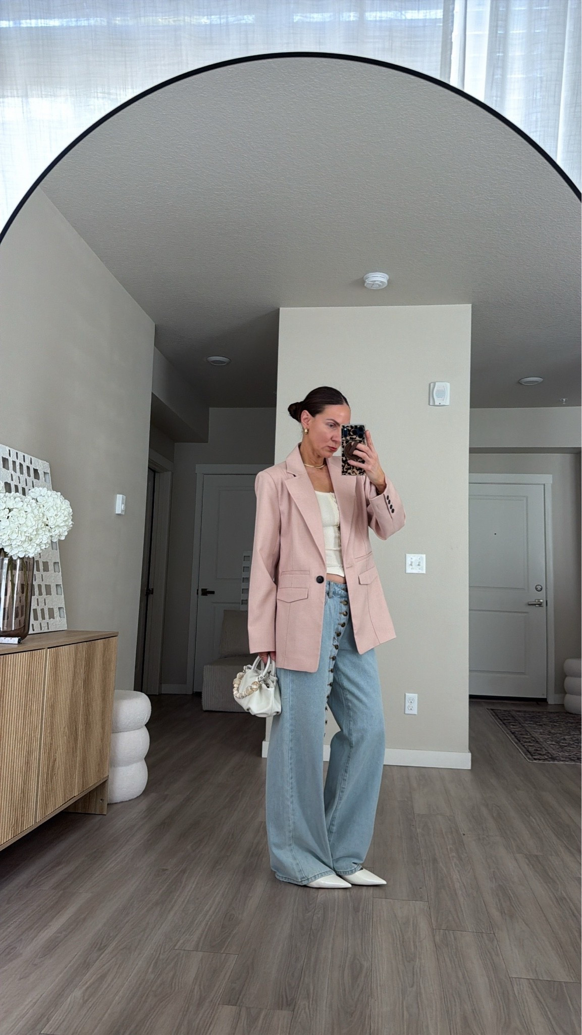 pink blazer
blush blazer 
button jeans