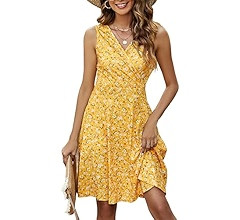 Naggoo Sundresses for Women Summer Casual Faux Wrap V Neck Floral Short Tank Dress with Pockets | Amazon (US)