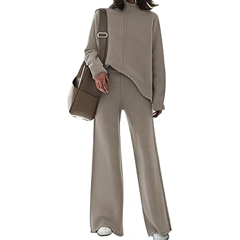 Viottiset Women's 2 Piece Outfits Sweater Set Wide Leg Pants High Neck Sweatsuit Loungewear | Amazon (US)