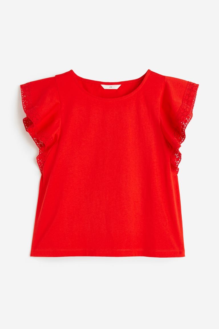 Flutter-sleeved Jersey Top - Round Neck - Short sleeve - Red - Ladies | H&M US | H&M (US + CA)