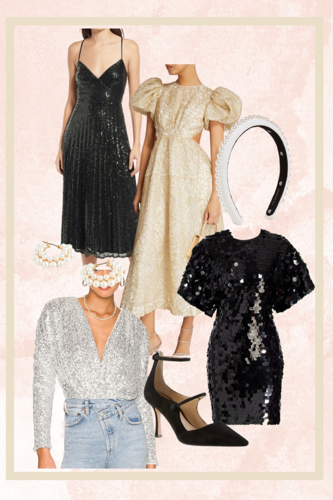 New Year’s Eve outfit. New Year’s Eve dress. Sequin dress. Black sequin dress. Pearl headband. Sequin top. Silver sequined top. Pearl earrings. Black Mary Jane pumps. Wedding guest dress. Winter wedding 
.
.
.
… 

#LTKstyletip #LTKHoliday #LTKwedding