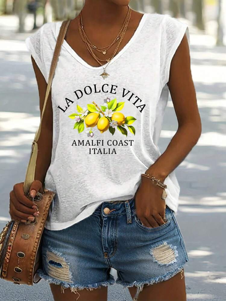 EMERY ROSE Casual V-Neck Watercolor Lemon & Text Print Camisole Tank Top For Women, Suitable For Summer,Casual | SHEIN