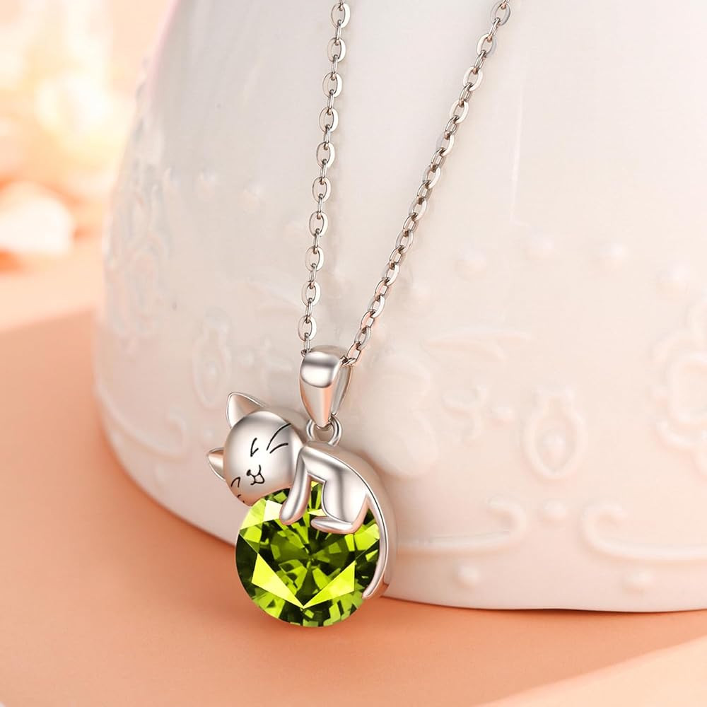 LONAGO Cat Necklace with Birthstone 925 Sterling Silver Cat Pendant Necklace Gift for Women | Amazon (US)