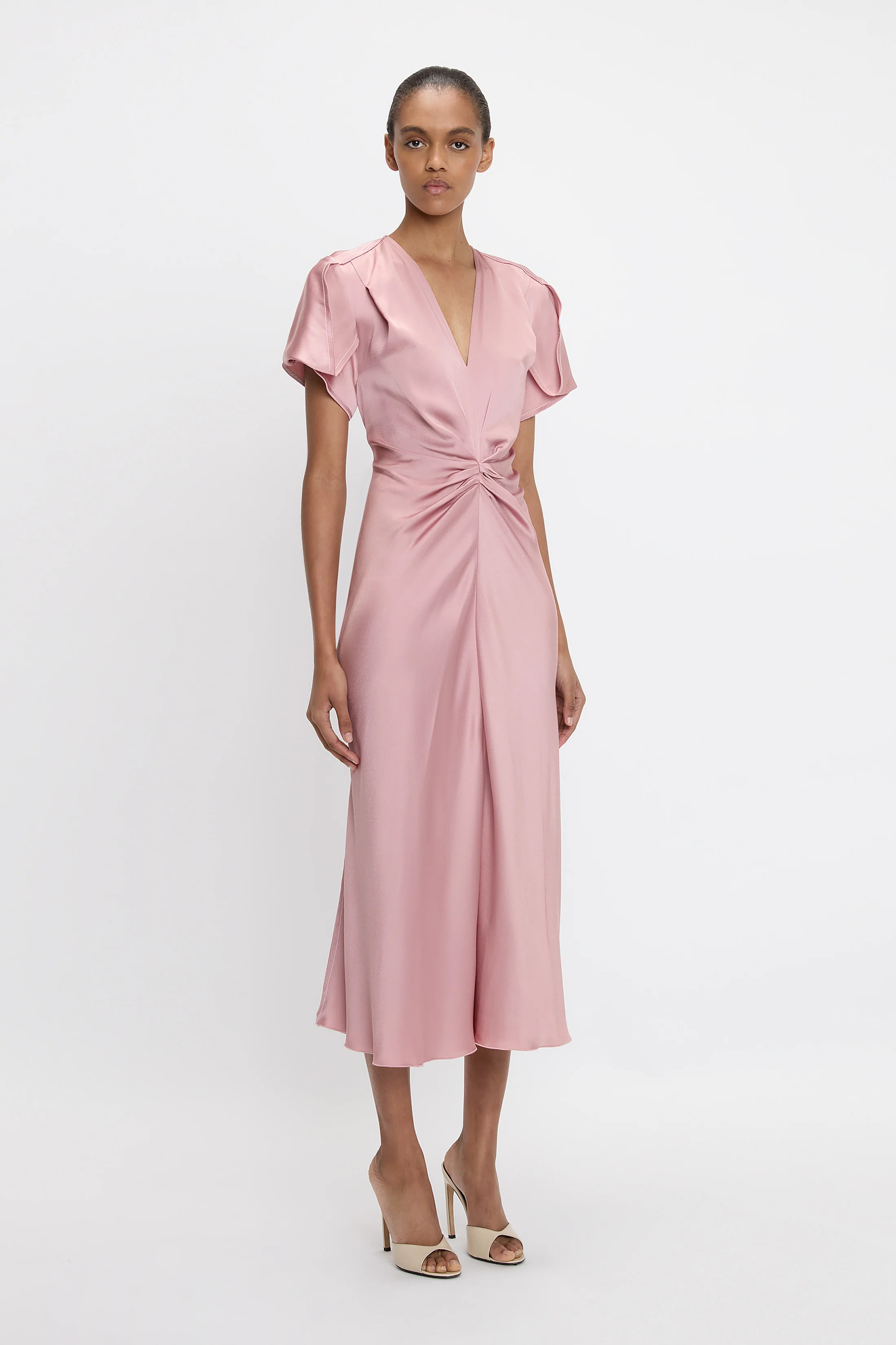 Gathered V-Neck Midi Dress In Peony | Victoria Beckham US