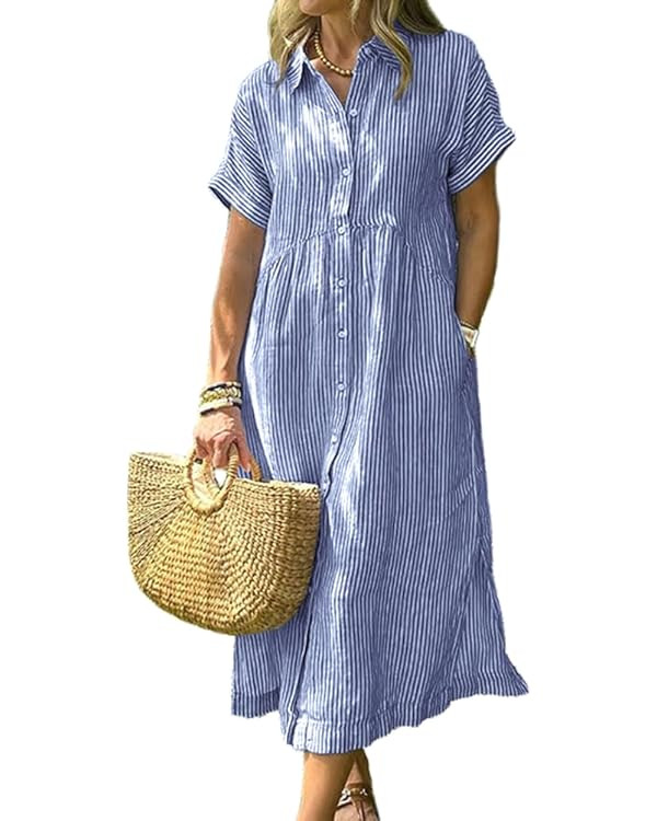 chouyatou Women's Summer Striped Midi Long Shirt Dress Casual Loose Short Sleeve Button Down Dres... | Amazon (US)