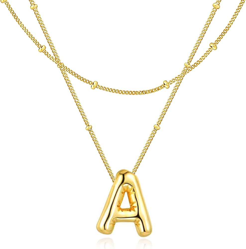 Bubble Letter Necklace for Women, 14k Gold Plated Initial Letter Pendant Necklace Personalized Je... | Amazon (US)