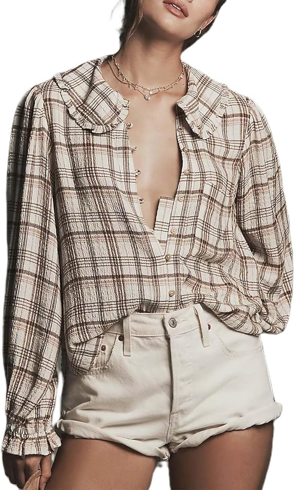 Striped Front Button Down Shirt for Women Y2k Vintage Loose Fit Batwing Blouse V Neck Long Sleeve... | Amazon (US)