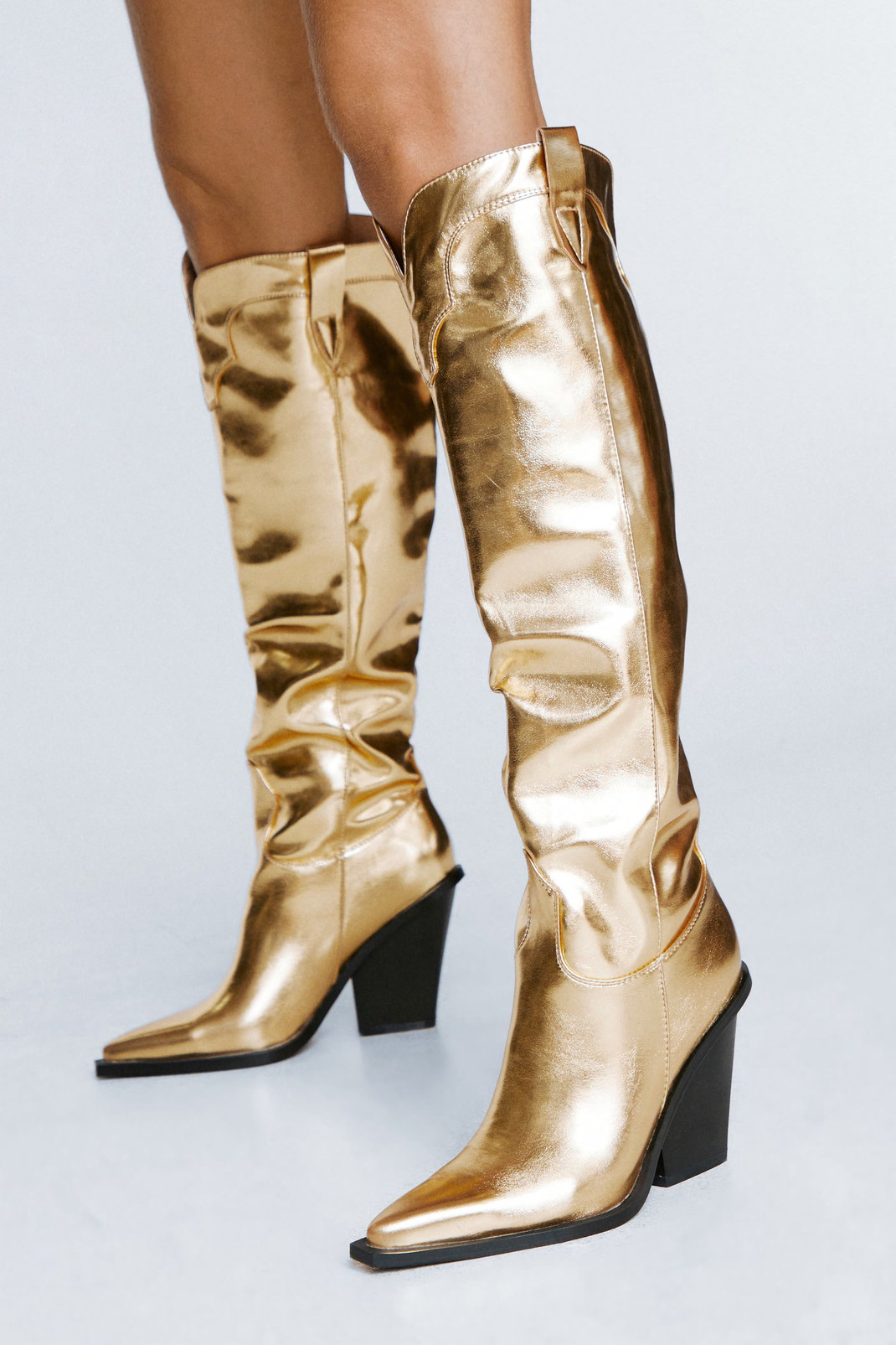 Metallic Faux Leather Knee High Cowboy Boots | Nasty Gal (US)
