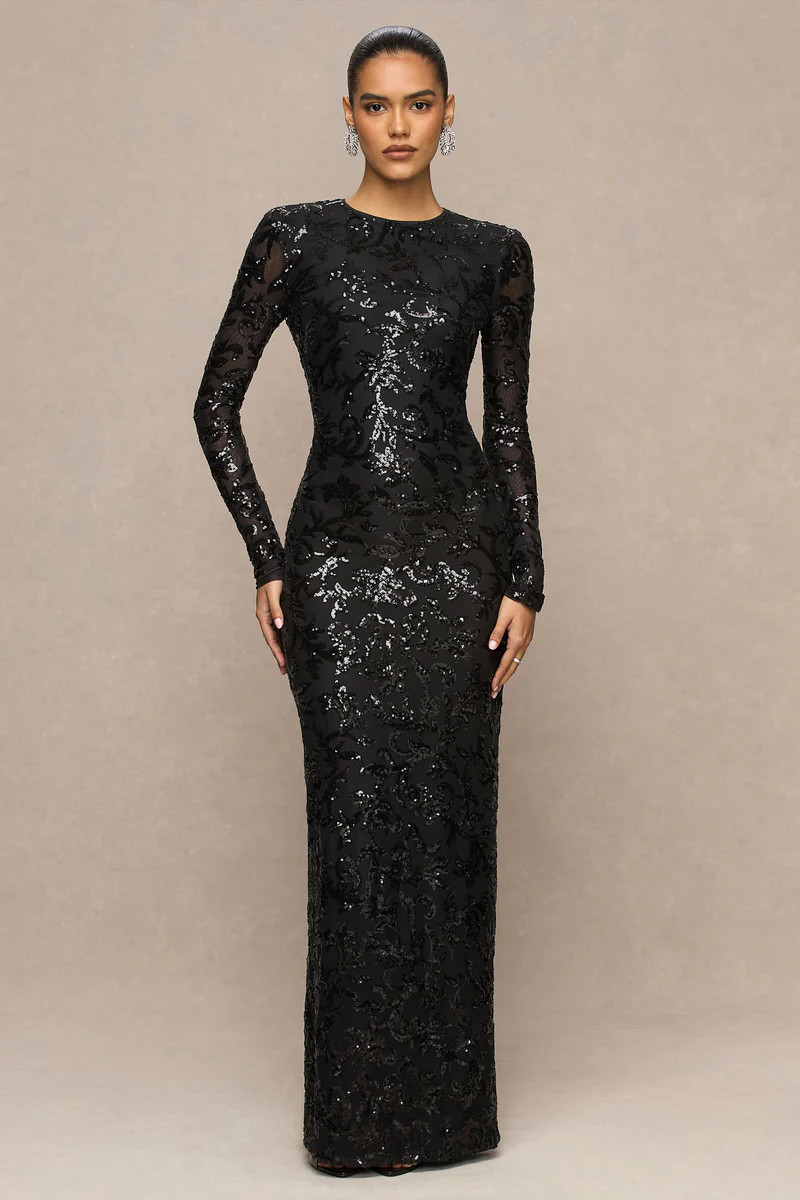 Stellar  Black Embellished Lace High-Neck Maxi Dress With Long Sleeves | Club L London
