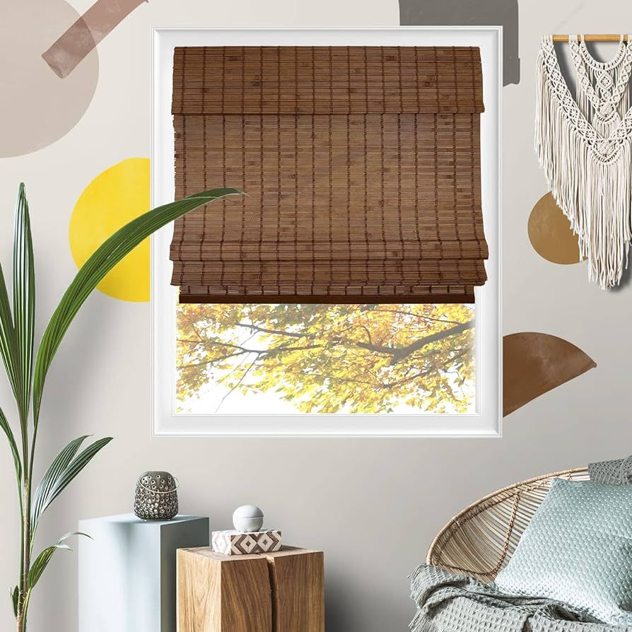 Yellow Bamboo Blinds for Windows, Woven Wooden Cordless Bamboo Roman Shades, Light Filtering Wind... | Amazon (US)