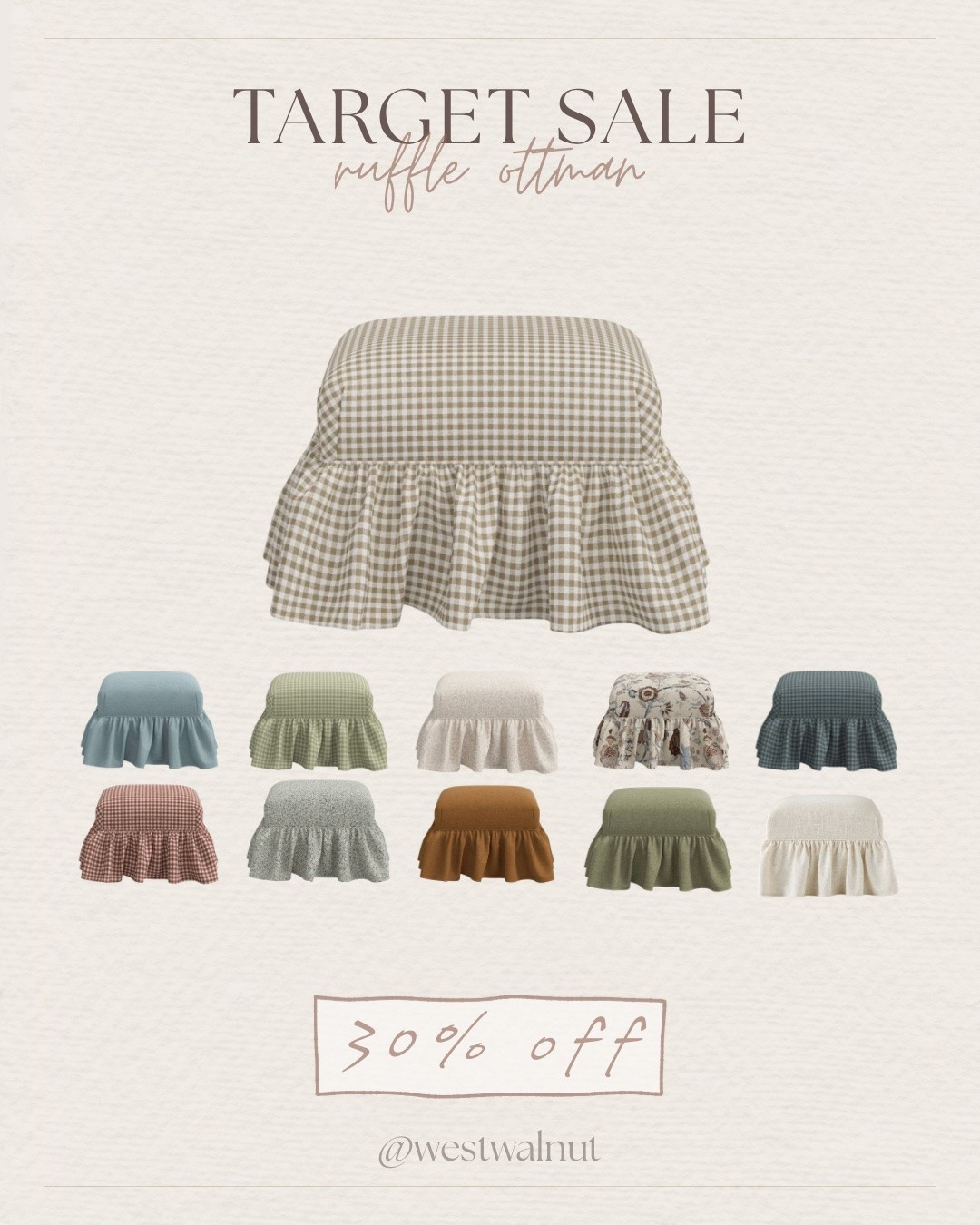 @Target is having a sale right now on some of my favorite furniture pieces they have! I've linked tons of pieces for 30%!

Ruffle Skirt Ottoman - Threshold™ designed with Studio McGee. It comes in 11 cotton upholstery finishes and is built with a wood frame. This is the perfect piece to tie in your color palette!

#ruffleottoman #affordablefurniture #moderndecor #modernhome #budgetfriendlydecor #ottoman

#LTKHome