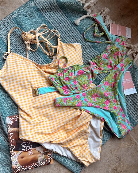 New swimsuits for spring break! This floral bikini and checked one-piece swimsuit are very flattering on the body. They are made of high quality materials and fit true to size. 

#LTKunder100 #LTKSeasonal #LTKswim