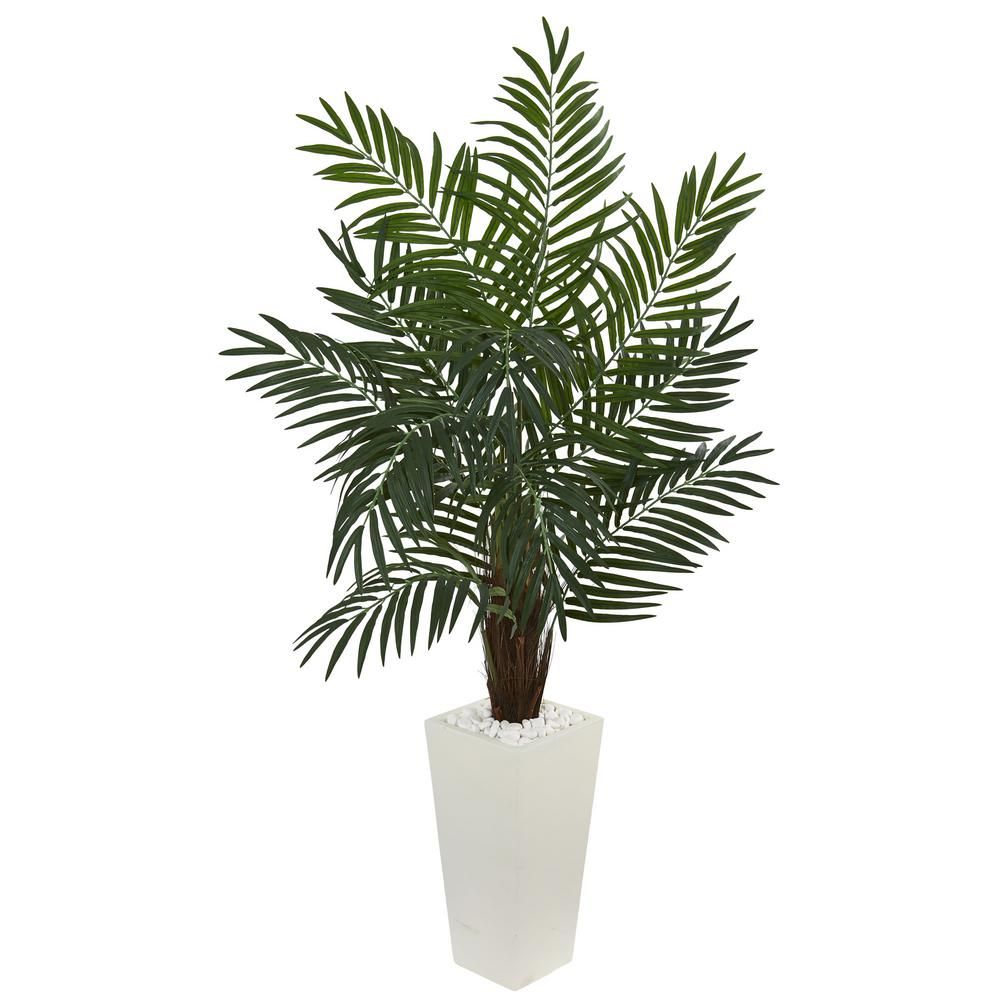 Nearly Natural 5.5 in. Areca Artificial Palm Tree in White Tower Planter | The Home Depot