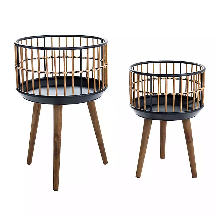 Round Rattan and Wood Planter Stands, Set of 2 | Kirkland's Home