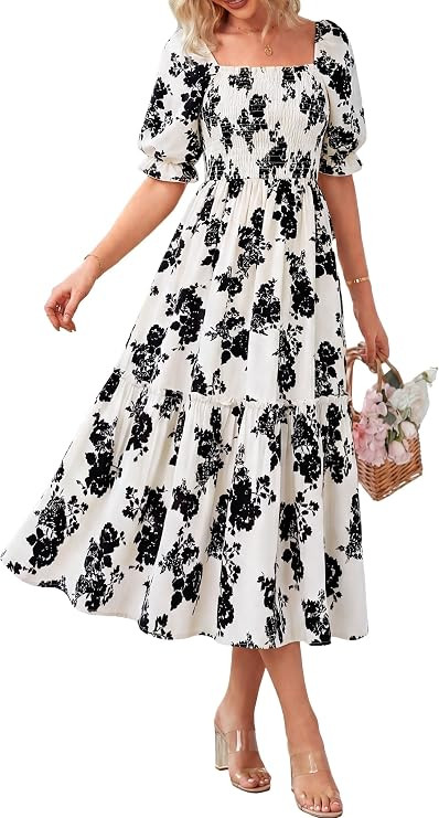 PRETTYGARDEN Women's Summer Casual Dresses 2026 Spring Puff Sleeve Square Neck A Line Flowy Boho ... | Amazon (US)