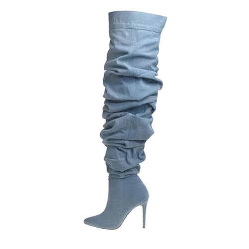 THESHY Women's Slouchy Over The Knee Boots Denim Pointed Toe Stiletto Heel Thigh High Boots Pleated Tall Fashion Sexy Bootie | Amazon (US)