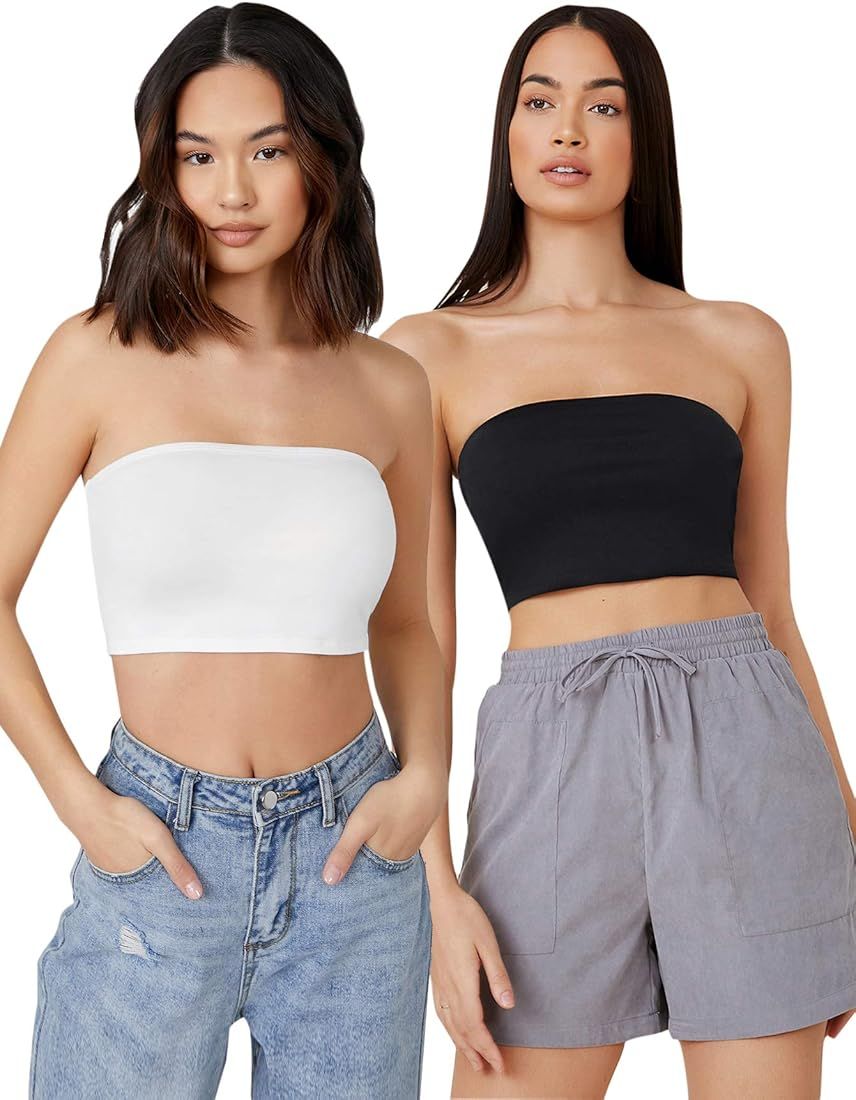 MakeMeChic Women's 2packs Strapless Crop Tube Top Solid Basic Bandeau | Amazon (US)