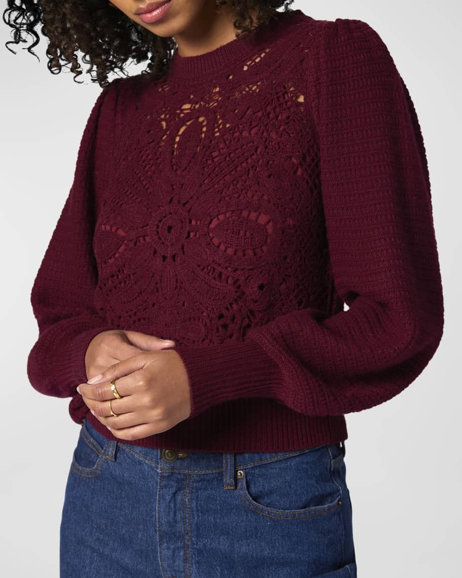 Joie Damira Blouson-Sleeve Floral Crochet Sweater | Neiman Marcus