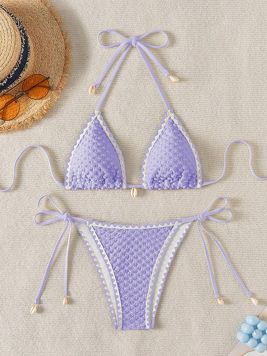 Swim Mod Women's Halter-Neck Tie Back Bikini Top And Bottom Bikini Set Summer | SHEIN