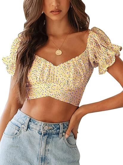 LYANER Women's Ruffle Short Sleeve Tie Up Back Crop Top Off Shoulder Bardot Blouse | Amazon (US)