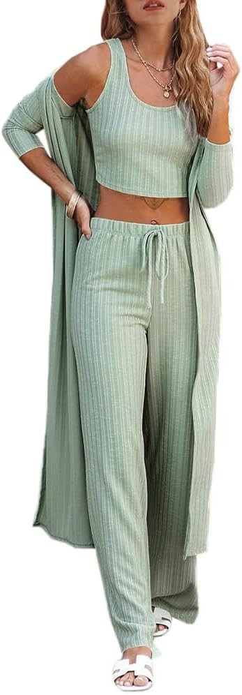 Fessceruna Womens 3 Piece Lounge Sets Pajamas Knit Long Sleeve Cardigan Crop Top Wide Leg Pants L... | Amazon (US)