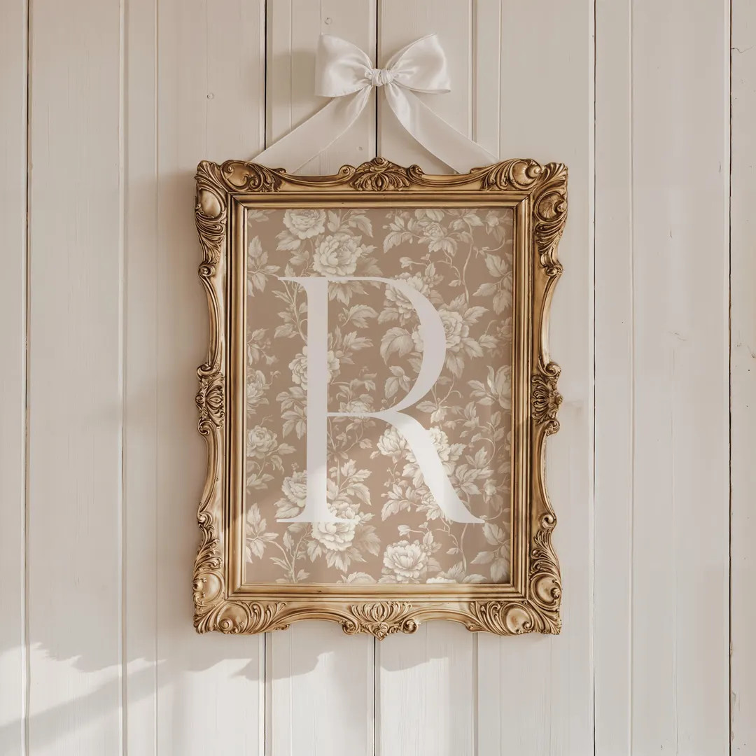 Custom Initial Beige Ivory Toile Print Neutral Roses Room Decor Personalized Wall Baby Girl Nurse... | Etsy (US)