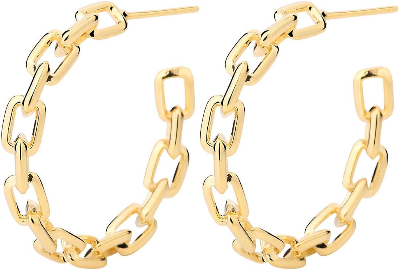 Hoop Earrings for Women - Link Hoop Earrings in 14k Gold/White Gold - Chain Hoop Earrings for Gir... | Amazon (US)