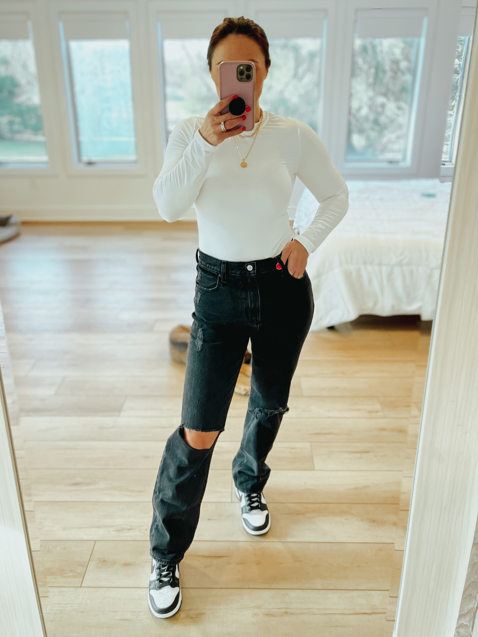 Distressed black jeans - fit true to size 
White bodysuit - fits true to size
Nike dunk sneakers - true to size 
#ltkfind #ltkunder50 #ltkstyletip

#LTKshoecrush #LTKunder100 #LTKsalealert