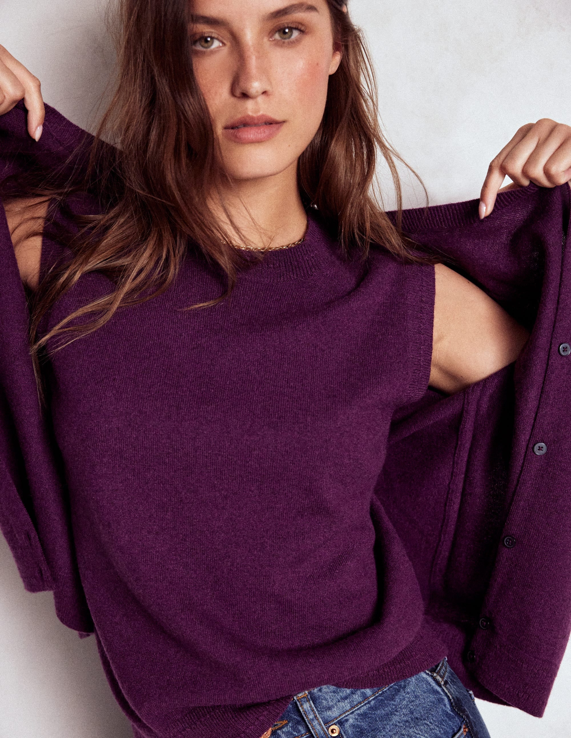 Eva Cashmere Crew Cardigan-Plum Melange | Boden (US)